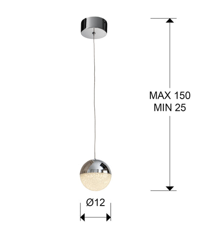 Medidas Lámpara LED Sphere Schuller 793301: Ø12cm tulipa, altura regulable 25-150cm, florón Ø12cm.
