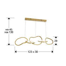 Medidas Lámpara Nexo Oro Schuller 532310: 123x29x30cm (Ancho x Alto x Fondo). Altura regulable 45-130cm.  Incluye florón 70x8x4cm.  Ref. 532310.
