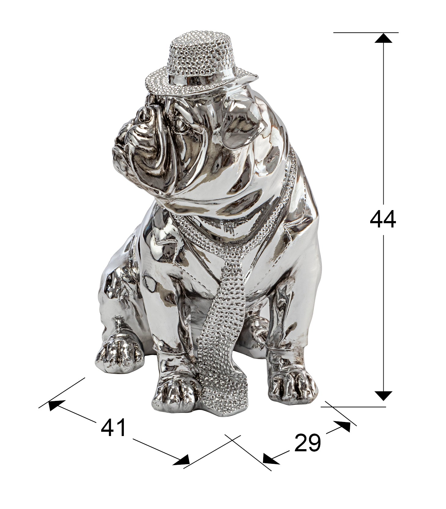 Medidas Figura Bulldog Cromado Schuller 841207: 41x44x29 cm.  Poliresina cromada. Colección Bulldog Hat.
