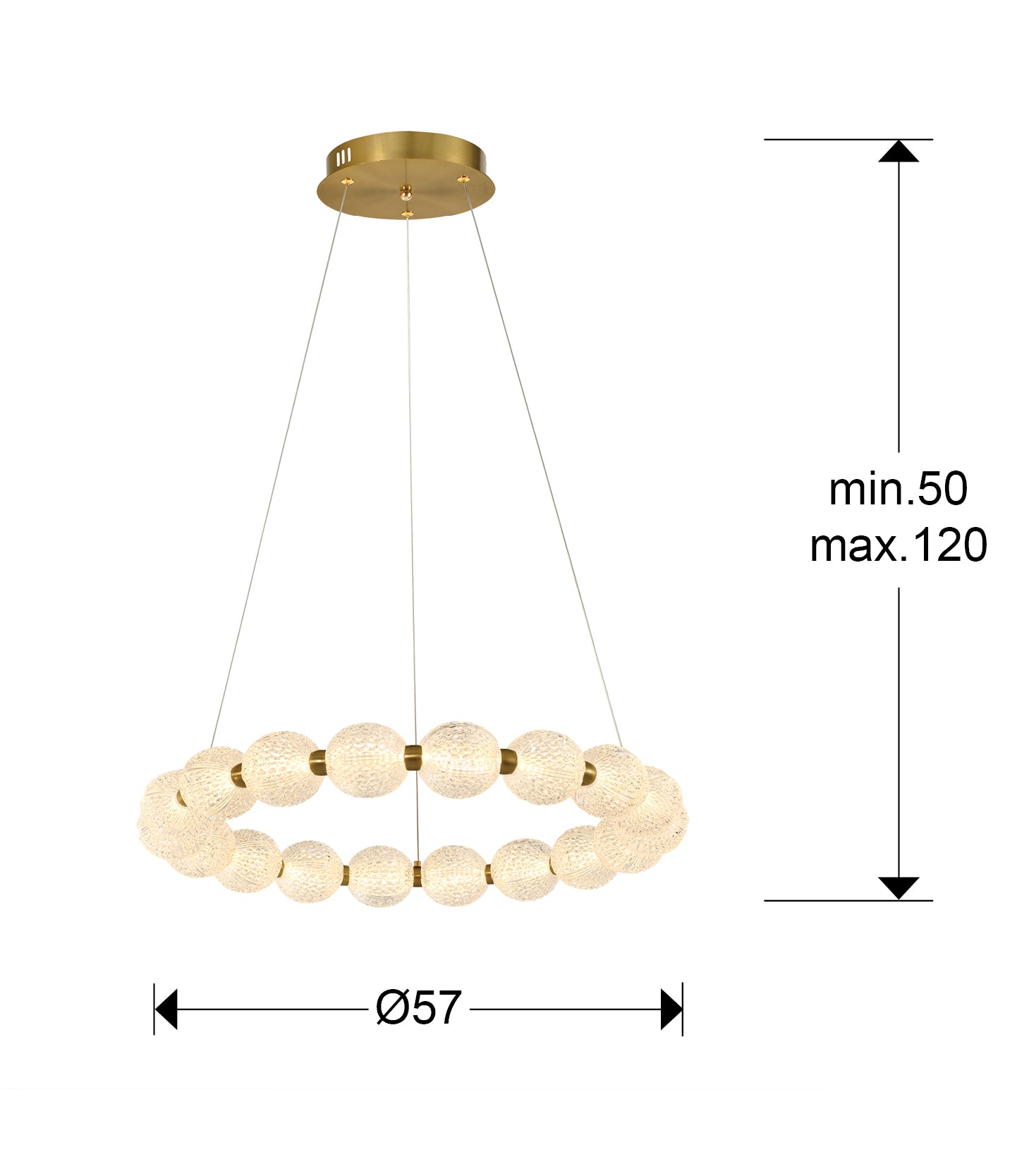 Lámpara Schuller Roxan Oro (Ref. 332619): Diámetro 57cm, altura regulable 50-120cm.  Medidas detalladas de la pantalla, florón y altura.
