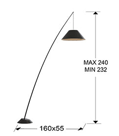 Medidas Lámpara Pie Junco Negra Schuller 425131: 235x55x160cm.  Altura 235cm, ancho 55cm, profundidad 160cm.
