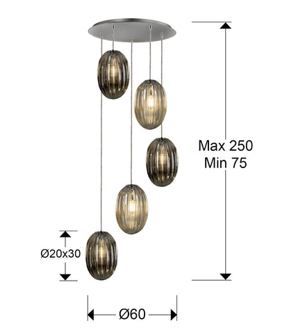 Medidas Lámpara Ovila 5 Luces Schuller 752268: Alto 160cm (min 75cm, máx 250cm), pantalla Ø20cm, alto 30cm, florón Ø50cm.  Peso 9,5kg.
