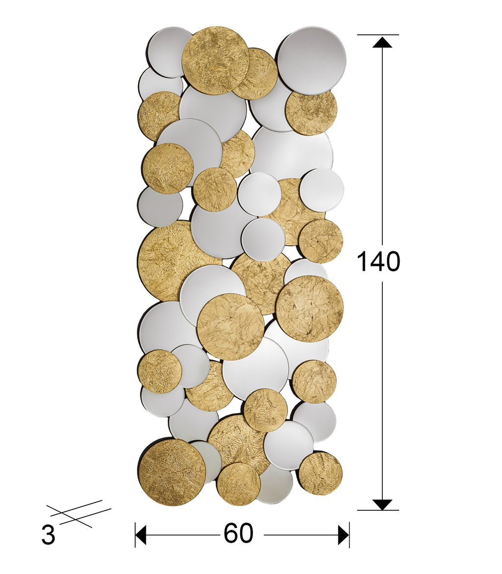 Espejo Schuller Cirze 725751: Medidas 60x140x3 cm.  Diseño elegante con círculos de cristal y pan de oro.  Cristal, DM.  Plata, oro, negro.

