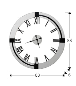 Medidas Reloj Pared Schuller Kairos Ø88cm (Ref. 564724): 88cm diámetro, 7cm profundidad, 10kg peso.  Diseño moderno, espejo plata y negro.
