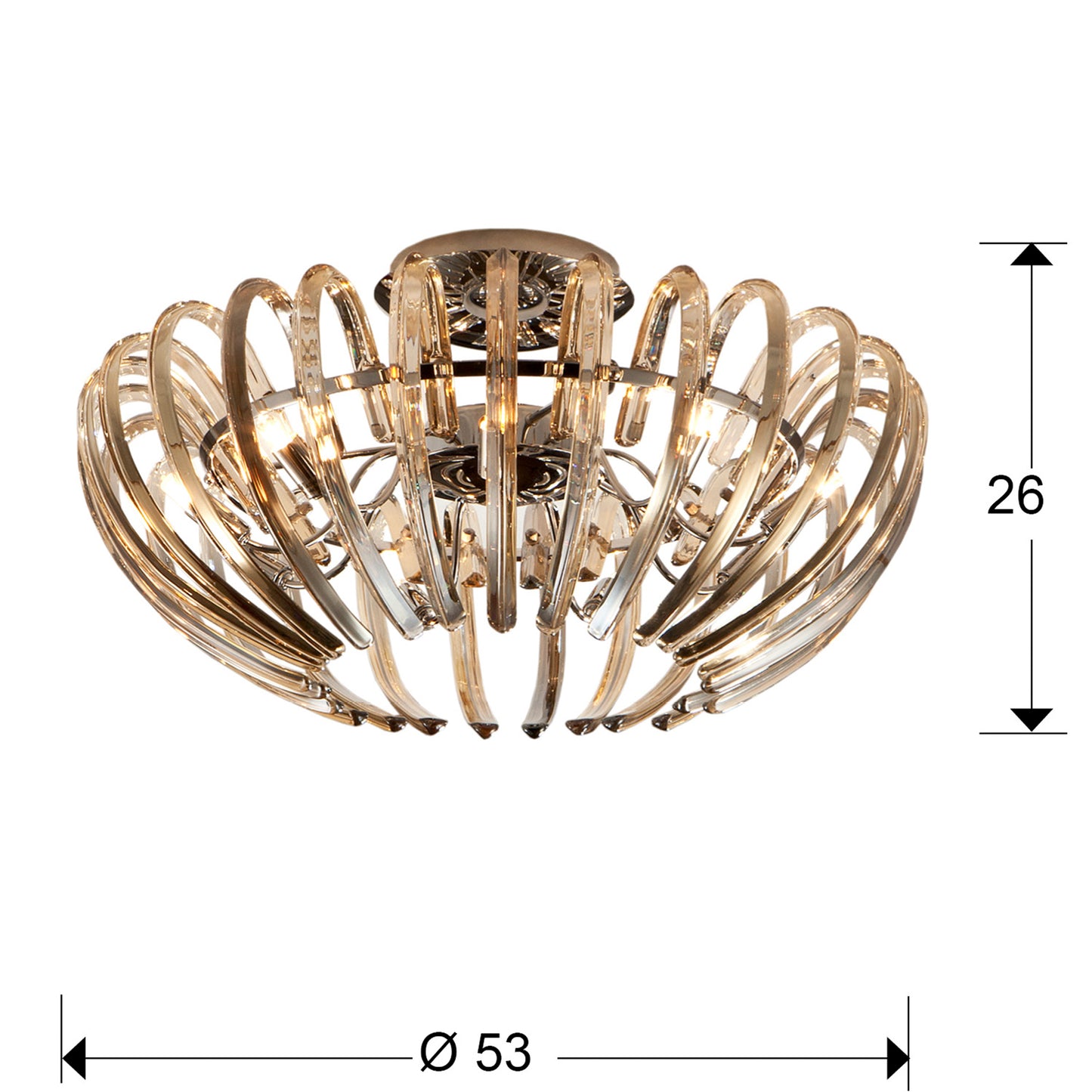 Medidas Plafón Ariadna Champagne 9 Luces Schuller 876360: 53cm ancho x 26cm alto, florón 14cm diámetro x 3cm alto.
