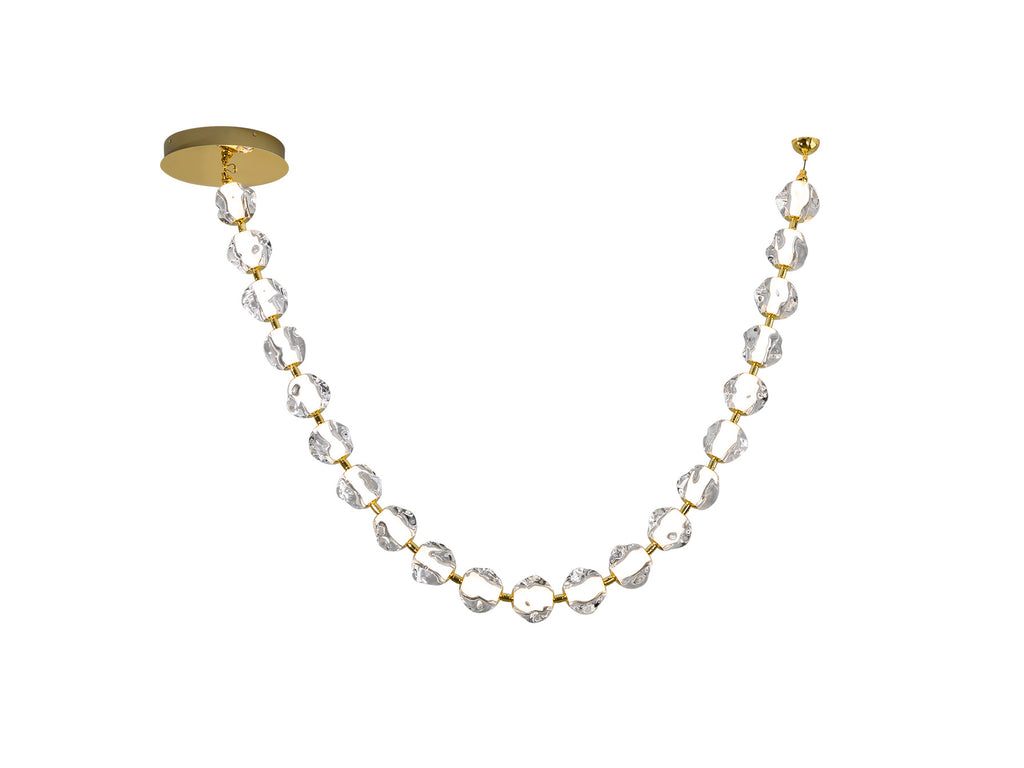 Detalle de la Lámpara Zaria II LED dorada de Schuller (Ref. 448796), mostrando sus 21 tulipas de acrílico transparente y acabado metálico.  Iluminación de alta gama.
