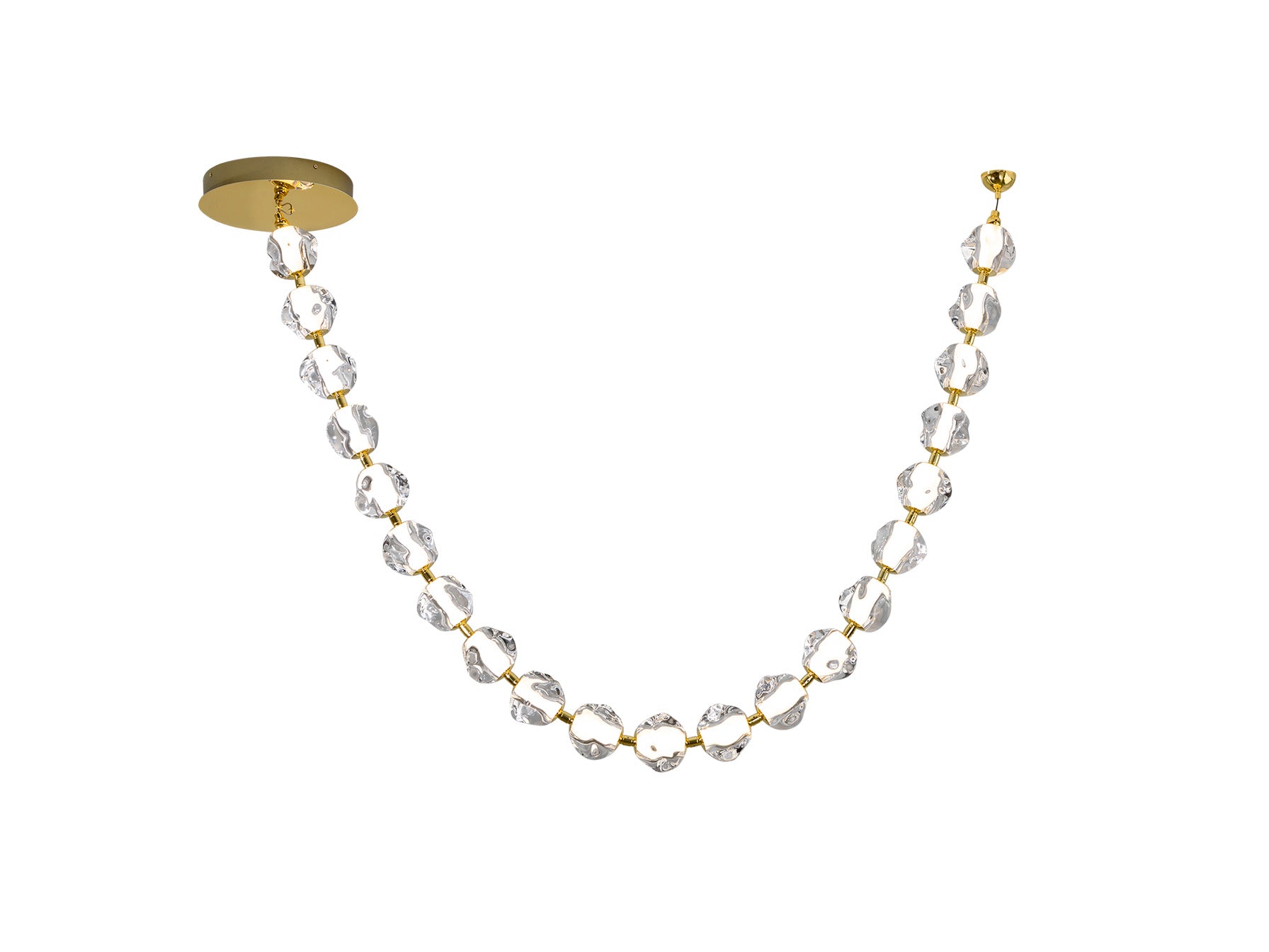 Detalle de la Lámpara Zaria II LED dorada de Schuller (Ref. 448796), mostrando sus 21 tulipas de acrílico transparente y acabado metálico.  Iluminación de alta gama.
