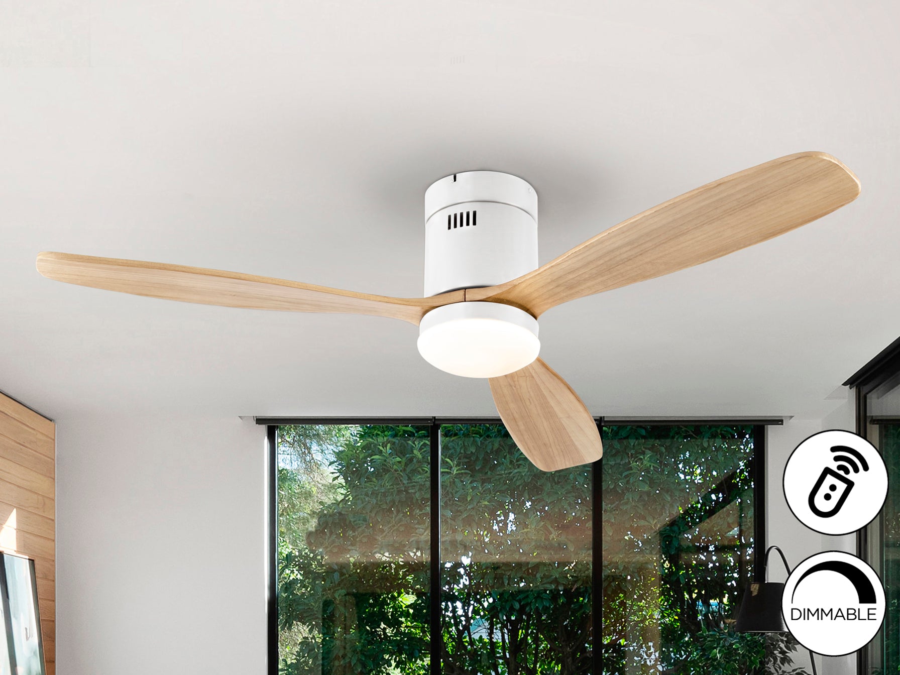 Ventilador Techo Schuller Siroco - LED, Blanco y Madera | luzguru.com