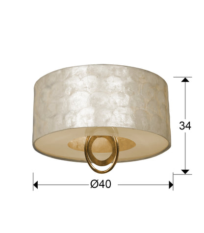 Medidas Plafón Schuller Edén Oro Ø40 3L (Ref. 716583): Ø40cm, Alto 34cm, Pantalla Ø40cm x Alto 20cm, Florón Ø12cm x Alto 2cm.
