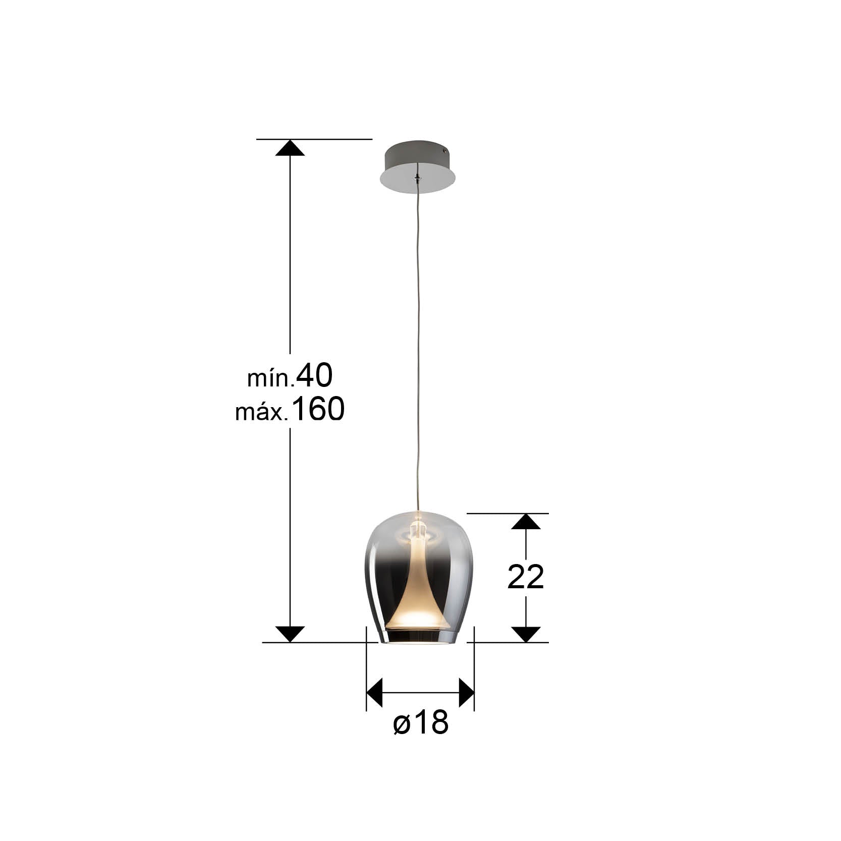 Medidas Lámpara Suspiro Schuller 724418: Ø18cm, Alto 40-160cm.  Aluminio cromado, cristal soplado.
