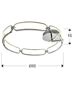 Medidas Plafón LED Colette Ø80 Cromado Schuller 786577: 80cm diámetro, 16cm alto, florón 21cm diámetro x 5cm alto.  Luzguru.
