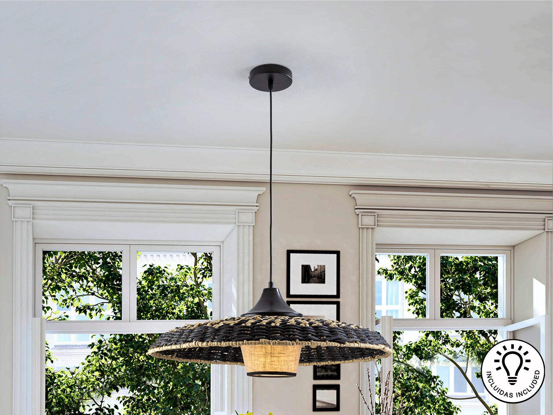 Lámpara Schuller Fiji 435216 - Pantalla de Papel Trenzado Negro y Natural - luzguru.com