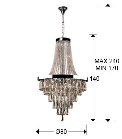 Medidas Lámpara Palace Schuller 810637: Alto mín. 170cm, máx. 270cm, diámetro florón 18cm, alto florón 13cm, peso 45,5kg.  Iluminación elegante para tu hogar.
