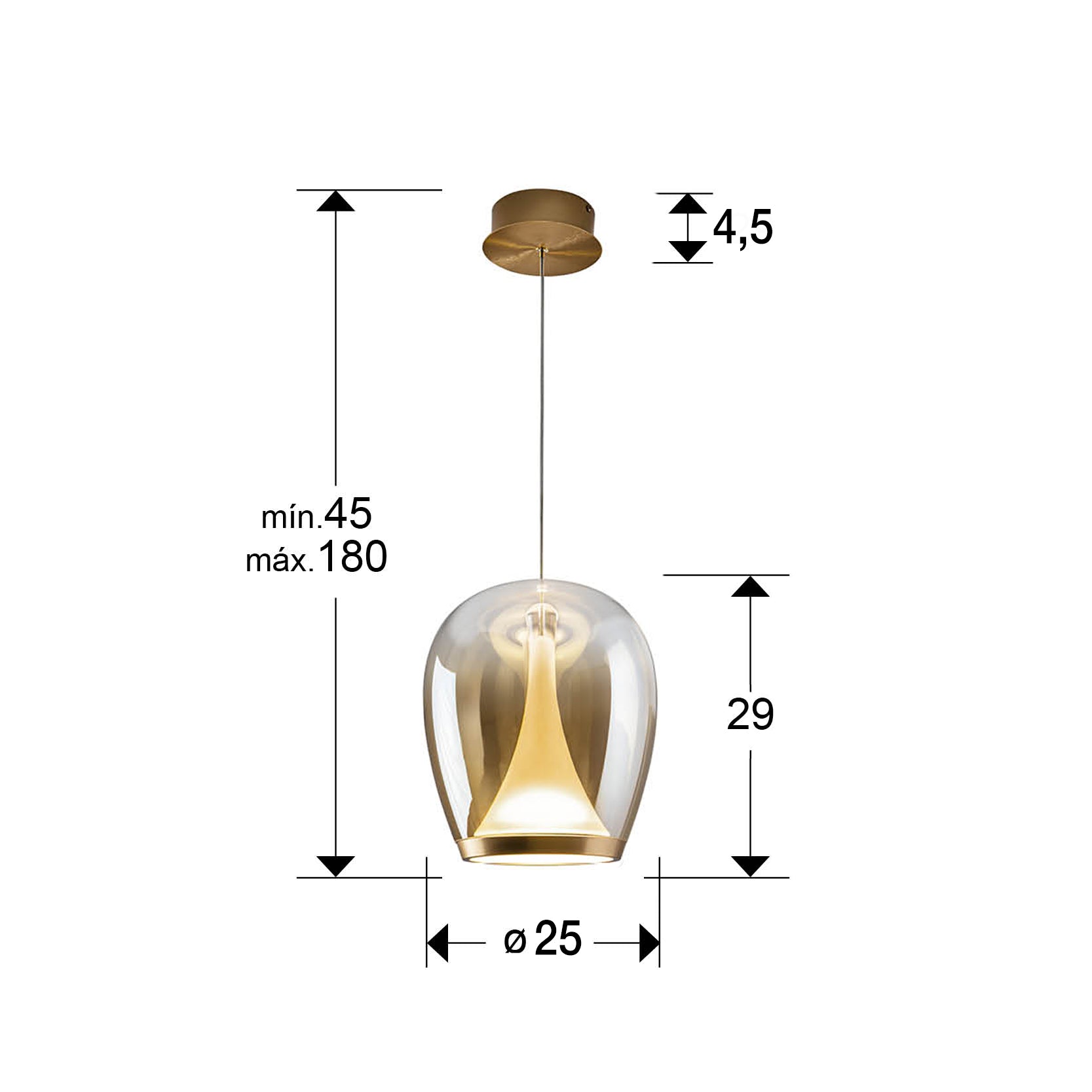 Medidas Lámpara Suspiro Dorado SCHULLER 724524: Ø25cm, Alto 45-180cm.

