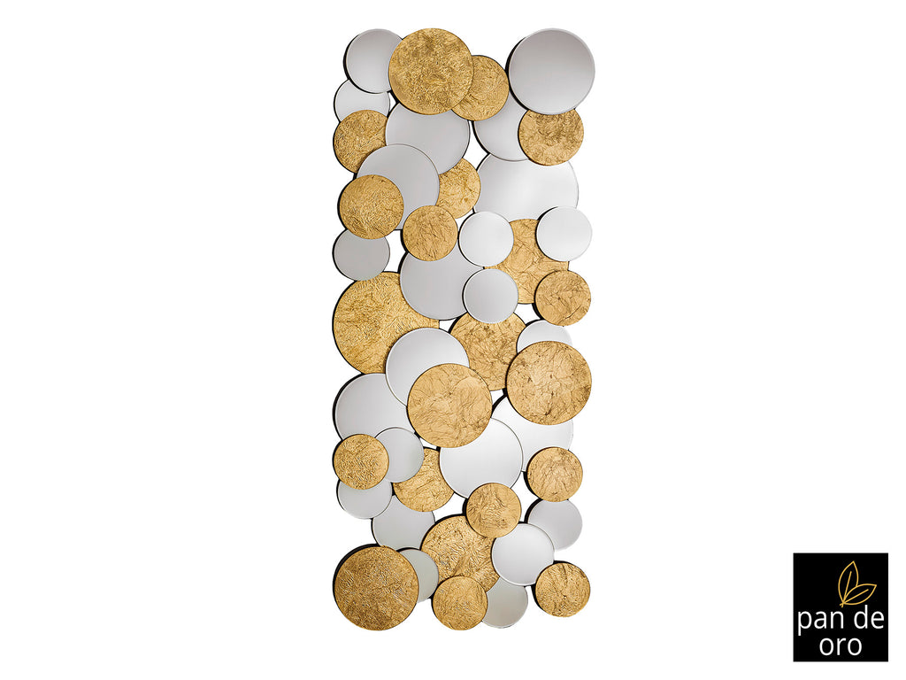 Espejo Cirze SCHULLER 725751 - Detalle de círculos de cristal y lunas con fondo en pan de oro, biselado.  Diseño moderno, 60x140x3 cm.  Plata, oro y negro.

