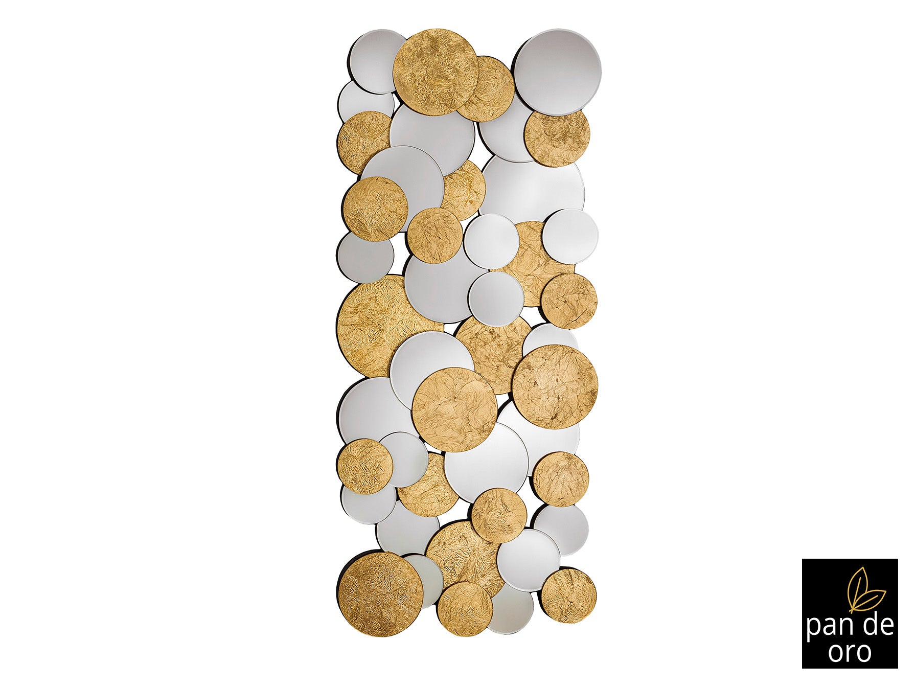 Espejo Cirze SCHULLER 725751 - Detalle de círculos de cristal y lunas con fondo en pan de oro, biselado.  Diseño moderno, 60x140x3 cm.  Plata, oro y negro.
