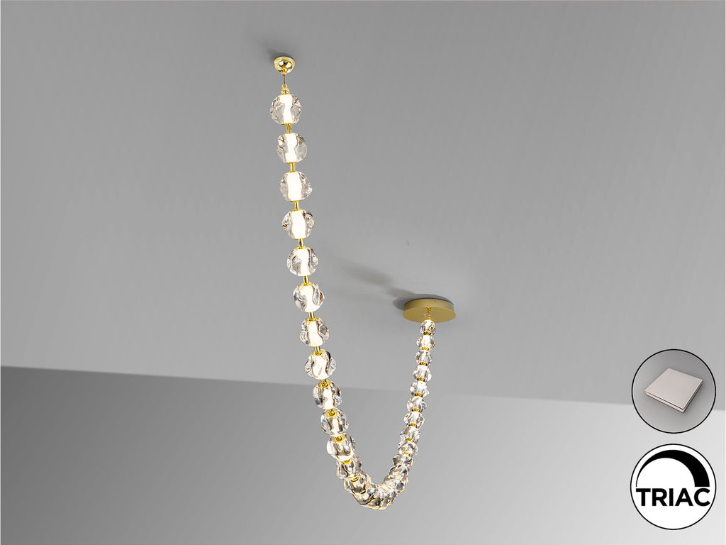 Lámpara Zaria II dorada SCHULLER - Detalle de la lámpara de metal y 29 tulipas de acrílico transparente. Ref. 448925. Iluminación LED 105W, 3000K, 8704 lúmenes.  Incluye driver TRIAC y sistema de regulación.
