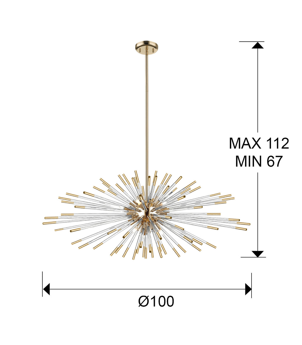 Medidas Lámpara Evasión Oro Dimmable Schuller 381635D: Alto 67-112cm, diámetro florón 12cm, alto florón 3cm.  Peso 6.8kg.
