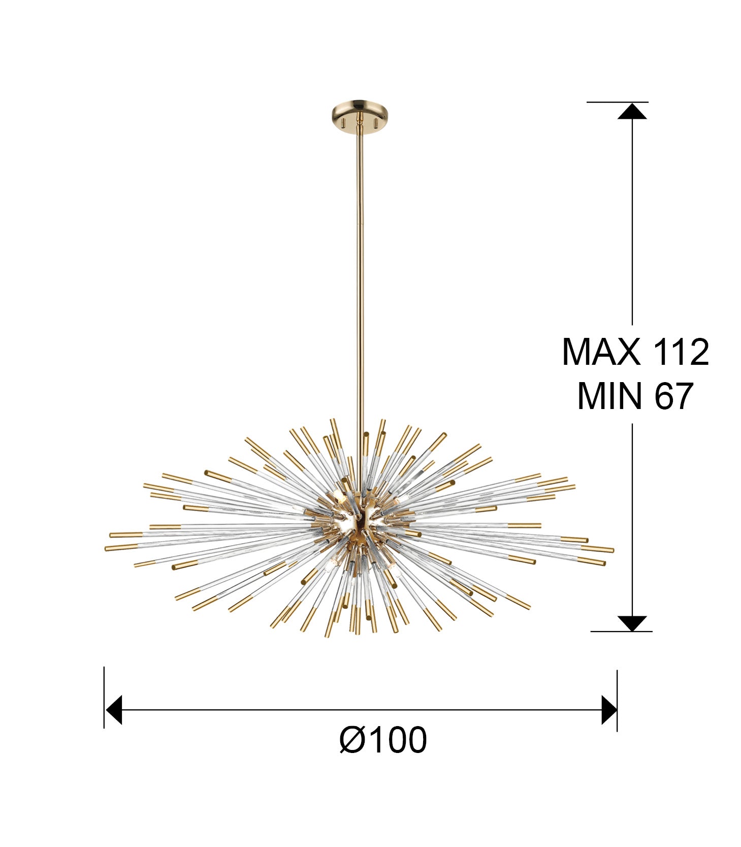 Medidas Lámpara Evasión Oro Dimmable Schuller 381635D: Alto 67-112cm, diámetro florón 12cm, alto florón 3cm.  Peso 6.8kg.
