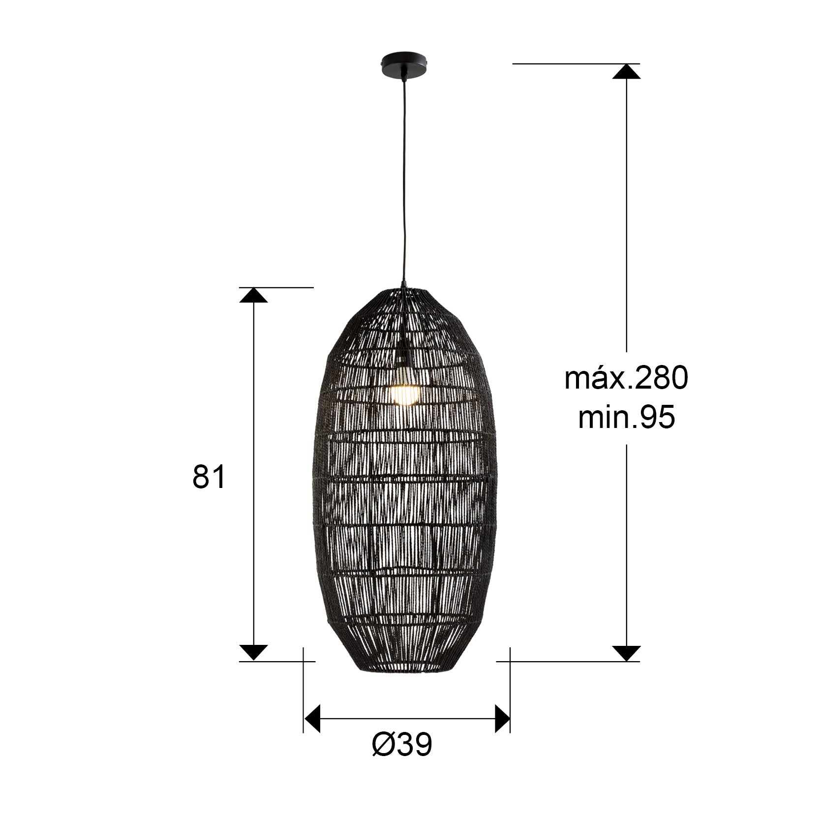 Schuller Tizne 139209 - Medidas: Alto 81cm, Diámetro 39cm, Pantalla 79x39cm, Florón 3x10cm. Lámpara de papel trenzado negro.
