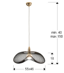 Medidas Lámpara Forma Oro/Negro Schuller 735971: 55x28x46cm.  Diámetro florón 10cm, alto 5cm. Pantalla: 55x18x46cm.
