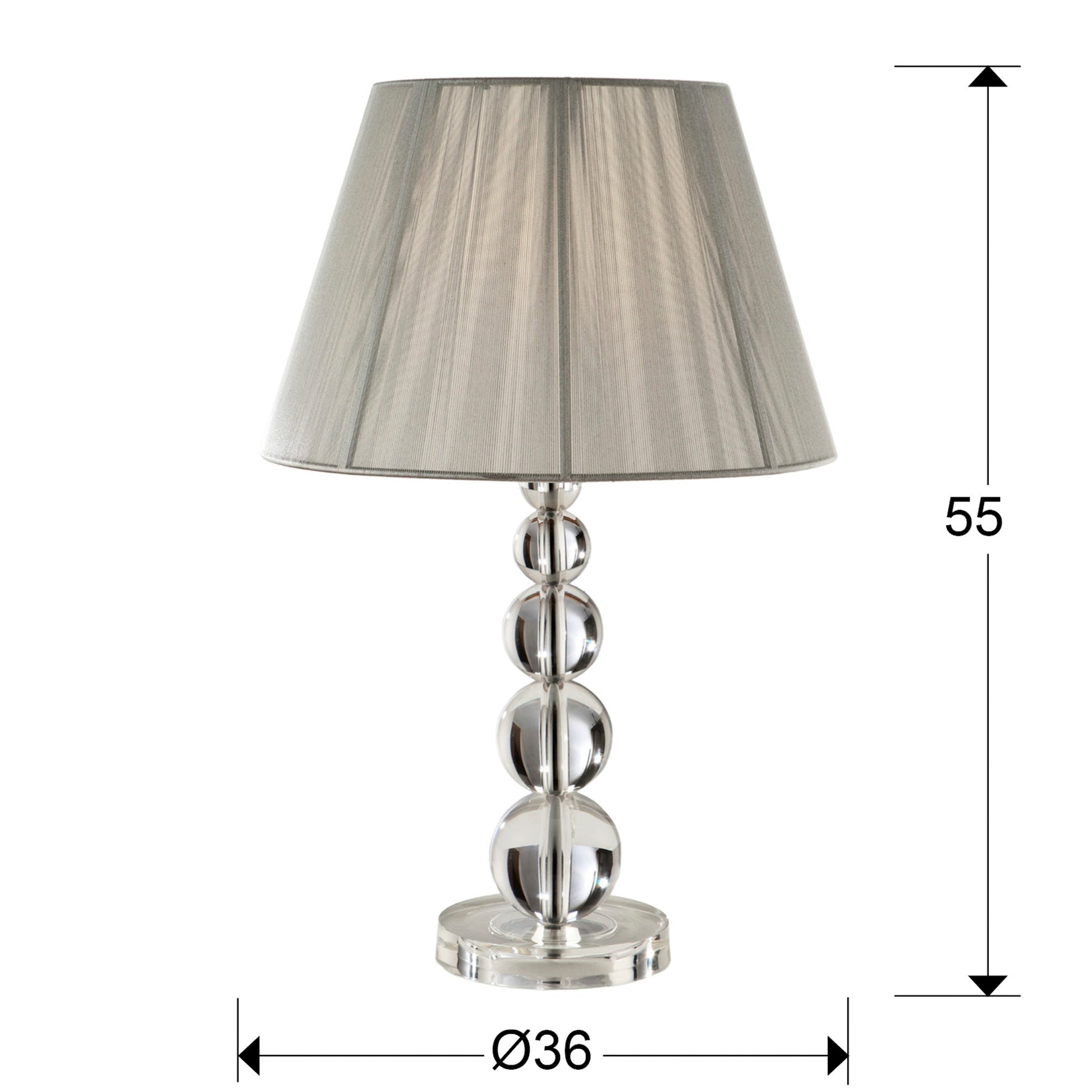 Medidas lámpara sobremesa Schuller Mercury 661418: 55cm alto, pantalla 36cm diámetro.  Diseño moderno, cromo, acrílico y plata.
