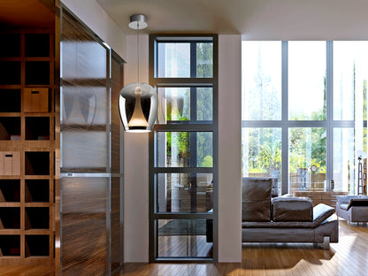 Lámpara Suspiro Cromado/Smoke Schuller 724517 - Detalle de la tulipa de cristal soplado degradado y la estructura cromada.  Iluminación LED 20W, 1200lm, 3000K. Altura regulable 45-180cm.
