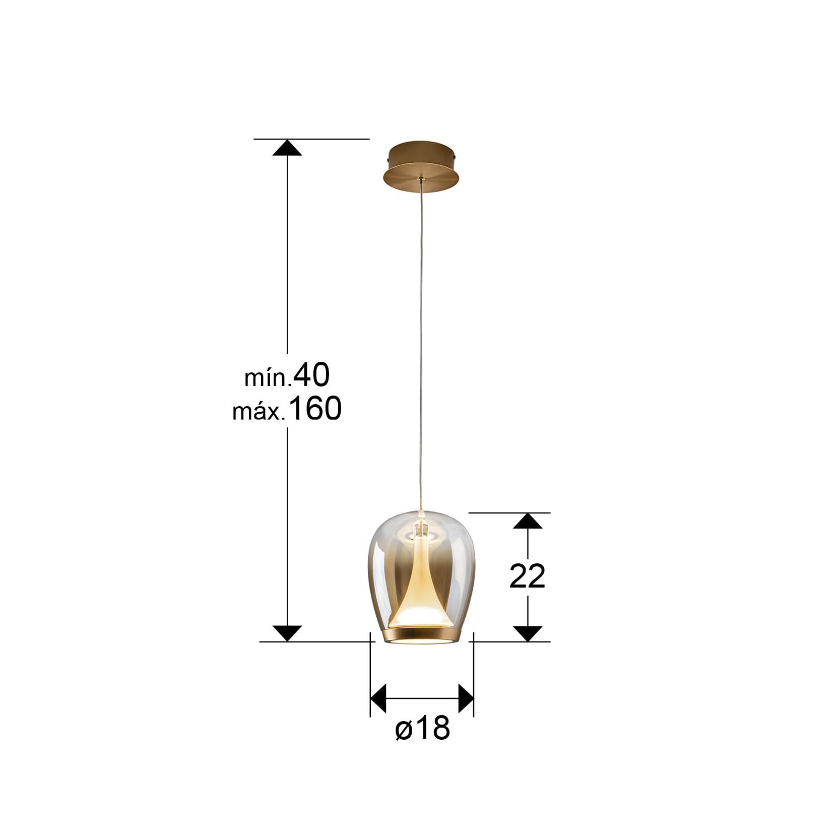 Medidas Lámpara Suspiro Schuller 724425: Ø18cm, Alto 40-160cm.  Iluminación dorada elegante.

