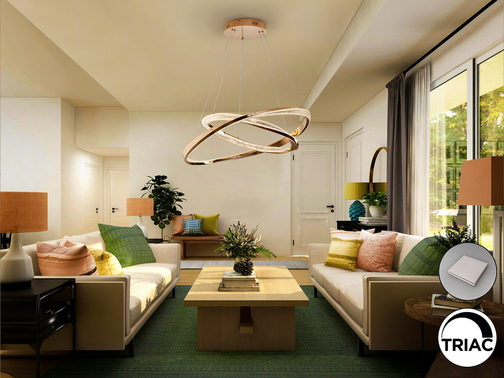 Lámpara de techo Schuller Orbitas (Ref. 554107) - Detalle de aros dorados Ø60 y Ø80cm, difusor acrílico y regulación de altura.  Iluminación LED 68W, 4700 lúmenes, 3000K.
