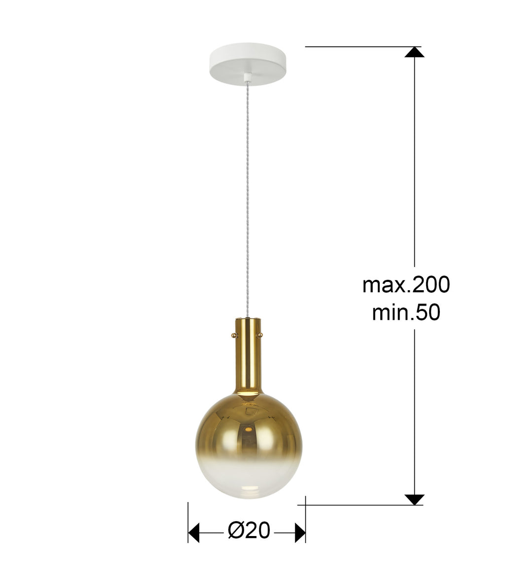Medidas Lámpara Matices Schuller 553722: Ø20cm tulipa, altura regulable 50-200cm, base Ø14cm. Blanco/Oro.
