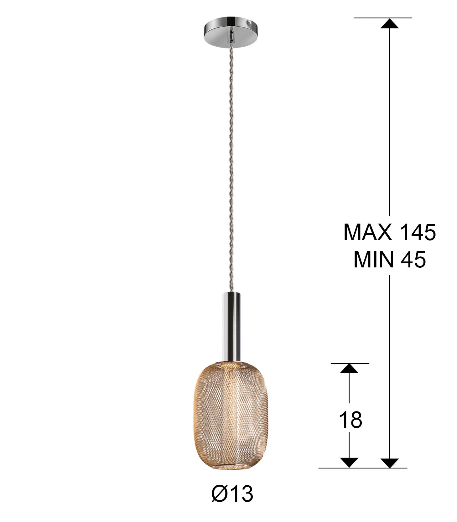 Medidas Lámpara Schuller Micrón 413503: Alto 30cm, Diámetro 13cm, Altura regulable 45-140cm.  Pantalla: Alto 18cm, Diámetro 13cm.  Florón: Alto 2cm, Diámetro 11cm.
