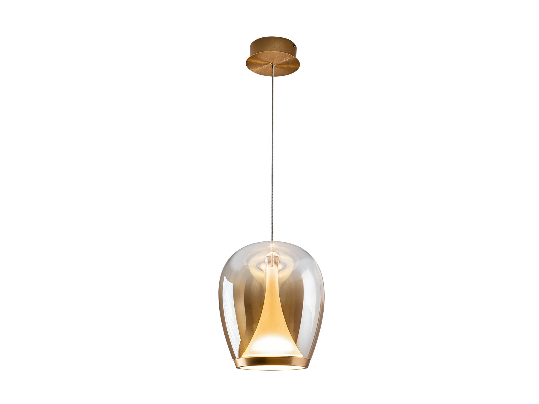 Lámpara Suspiro Dorado SCHULLER 724524 - Detalle de la elegante lámpara de aluminio y cristal soplado ámbar, 25cm diámetro, altura regulable 45-180cm, 20W LED 3000K.
