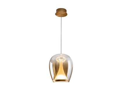 Lámpara Suspiro Dorado SCHULLER 724524 - Detalle de la elegante lámpara de aluminio y cristal soplado ámbar, 25cm diámetro, altura regulable 45-180cm, 20W LED 3000K.
