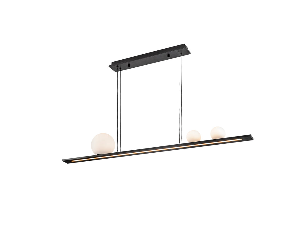 Lámpara Mila Negra SCHULLER - Detalles de la Ref. 504324: Aluminio cepillado, 3 tulipas cristal blanco, difusor acrílico opal, 31W LED, 3000K.  Iluminación elegante y moderna.
