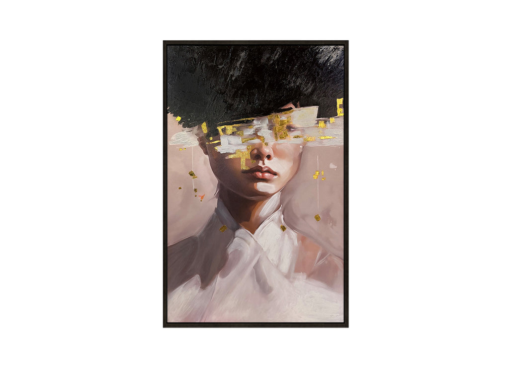 Detalle de la pintura al óleo Ella 100x150cm de Schuller (Ref. 441094), con marco negro.  Colección Ella.
