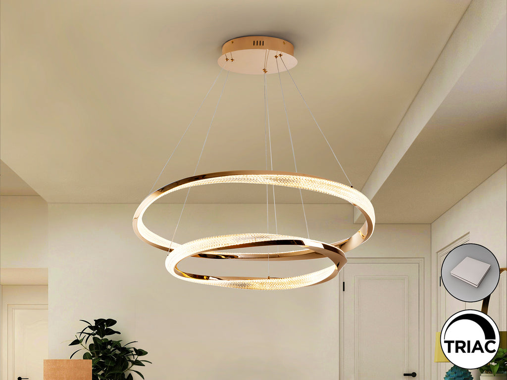 Lámpara de techo SCHULLER Orbitas (Ref. 554107) - Detalle de sus dos aros dorados (Ø60 y Ø80cm) de acero y aluminio, difusor acrílico, regulable en altura. Iluminación LED 68W, 4700lm, 3000K.  LUZGURÚ.
