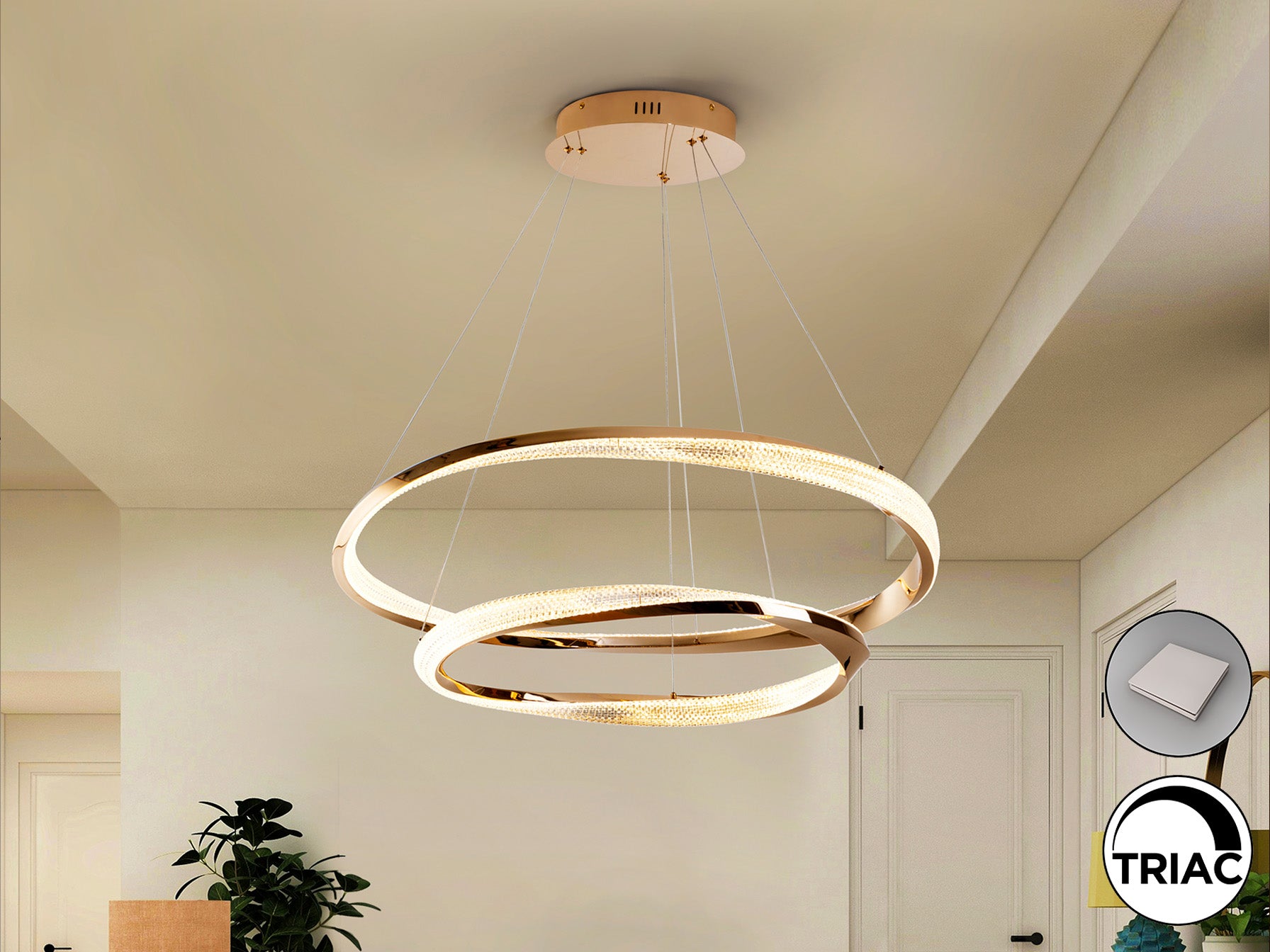 Lámpara de techo SCHULLER Orbitas (Ref. 554107) - Detalle de sus dos aros dorados (Ø60 y Ø80cm) de acero y aluminio, difusor acrílico, regulable en altura. Iluminación LED 68W, 4700lm, 3000K.  LUZGURÚ.
