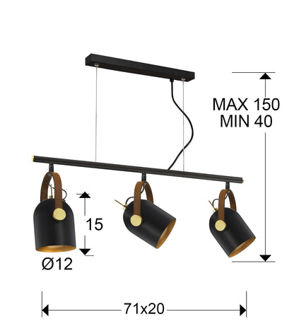 Medidas Lámpara Schuller Adame 3 Luces Negro/Oro (Ref. 346724): 71x29x20 cm.
