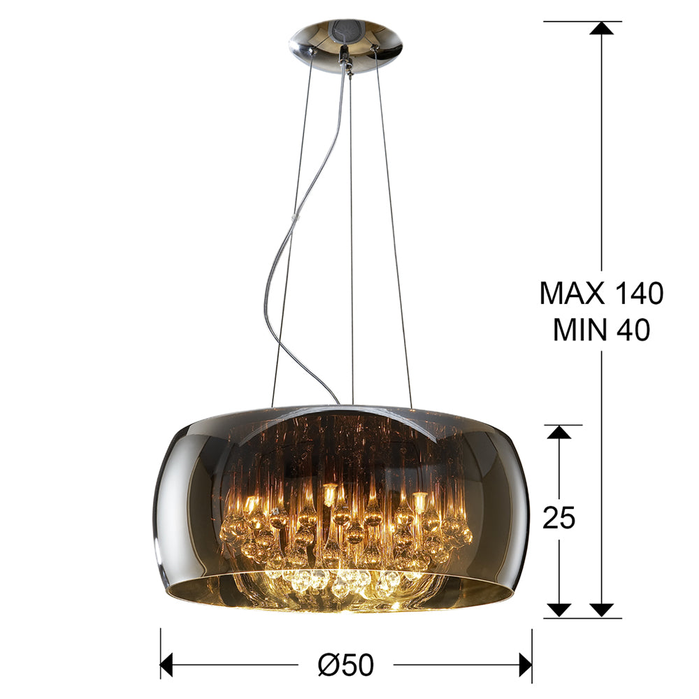 Medidas Lámpara Schuller Argos Ø50 Dimmable (508111D): Alto 25cm, Diámetro 50cm, Altura min 40cm, máx 140cm.  Peso 7.63kg.  Incluye detalles de la pantalla y el florón.
