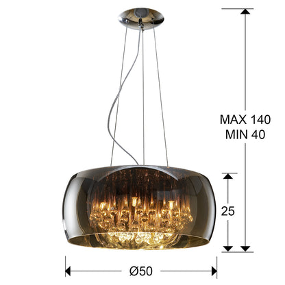 Medidas Lámpara Schuller Argos Ø50 Dimmable (508111D): Alto 25cm, Diámetro 50cm, Altura min 40cm, máx 140cm.  Peso 7.63kg.  Incluye detalles de la pantalla y el florón.

