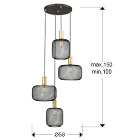 Medidas Lámpara Osiris 4 Luces Oro-Negro Schuller (Ref. 910477): Ø58cm, Alto 120cm (min 100cm, max 150cm), Florón Ø33cm x 3cm.  luzguru.com
