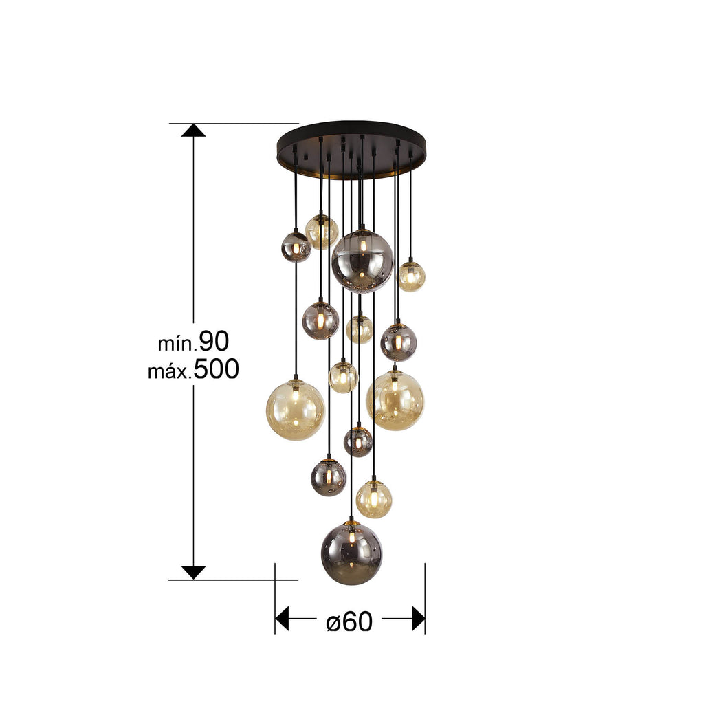 Medidas Lámpara Techo Schuller Dark 439015G: 60cm diámetro, 90-500cm altura.  Negro/Latón.
