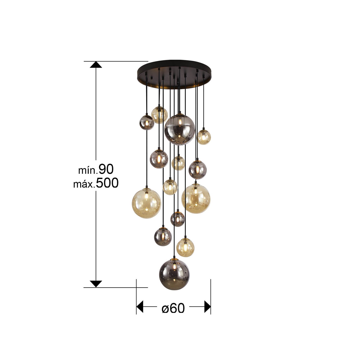 Medidas Lámpara Techo Schuller Dark 439015G: 60cm diámetro, 90-500cm altura.  Negro/Latón.
