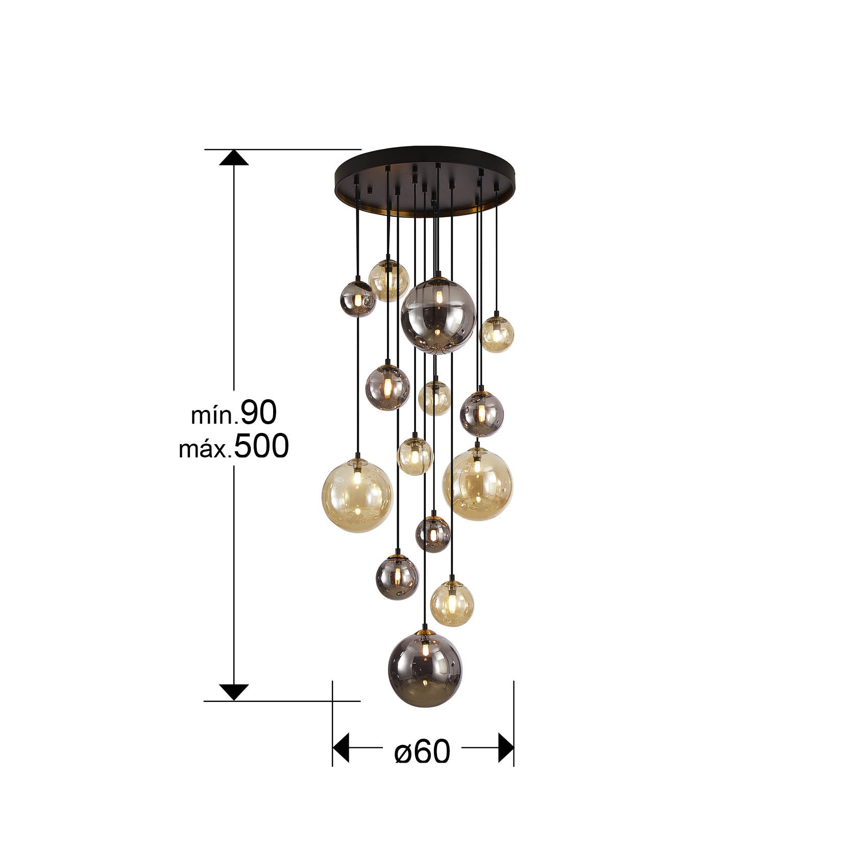 Medidas Lámpara Techo Schuller Dark 439015G: 60cm diámetro, 90-500cm altura.  Negro/Latón.
