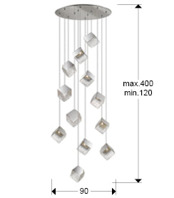 Medidas Lámpara Schuller Priscila Cromada 12 Luces (Ref. 721240): Alto 120-400cm, pantalla 24x24x22cm, florón 70cm diámetro.  Peso 21.8kg.
