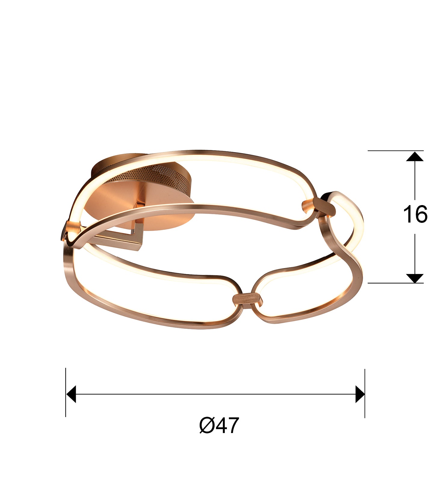 Medidas Plafón LED Colette Oro Rosa Schuller 786430: Ø47cm (diámetro), 16cm (alto), florón Ø16cm, 5cm (alto).
