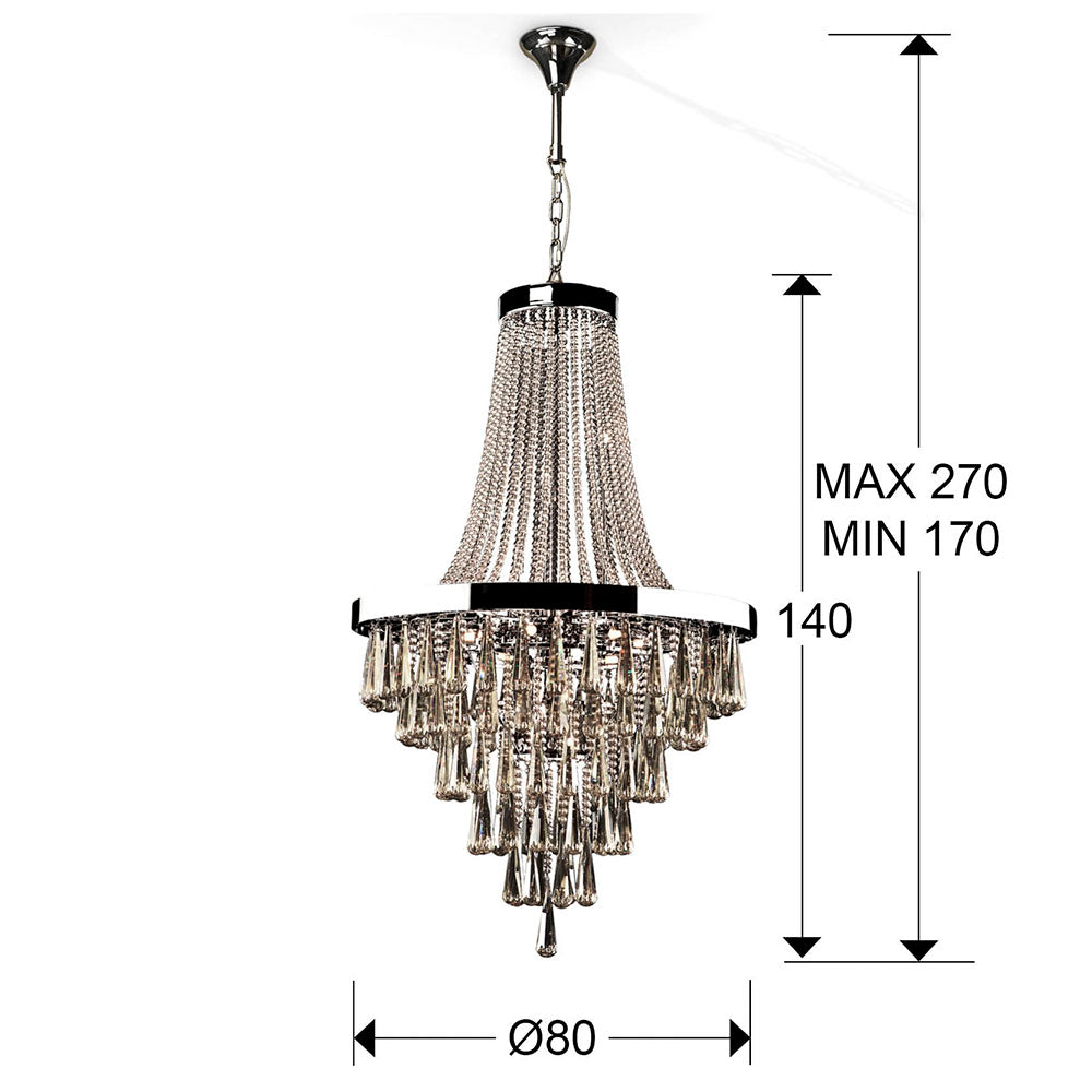 Medidas Lámpara Palace 22 Luces Schuller 810637D: Altura 170-270cm, Florón Ø18x13cm, Peso 45.5kg.  Iluminación regulable.
