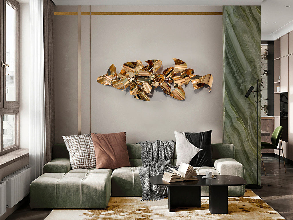 Escultura de pared Camile Oro Rosa SCHULLER - Ref. 829809. Detalle de la escultura de acero inoxidable con baño de oro rosa.  Diseño curvado, montaje horizontal y vertical. Colección Camile.
