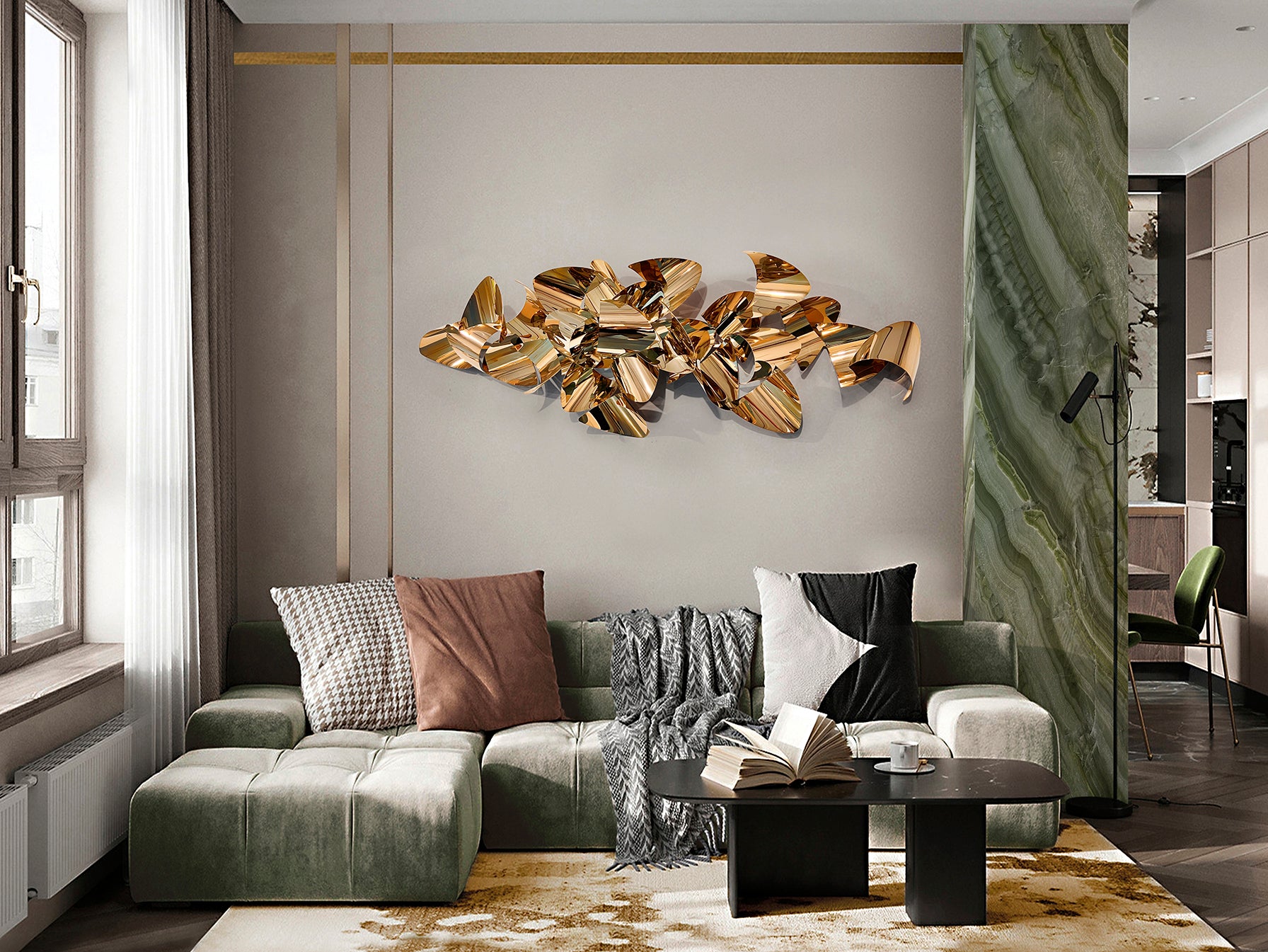 Escultura de pared Camile Oro Rosa SCHULLER - Ref. 829809. Detalle de la escultura de acero inoxidable con baño de oro rosa.  Diseño curvado, montaje horizontal y vertical. Colección Camile.
