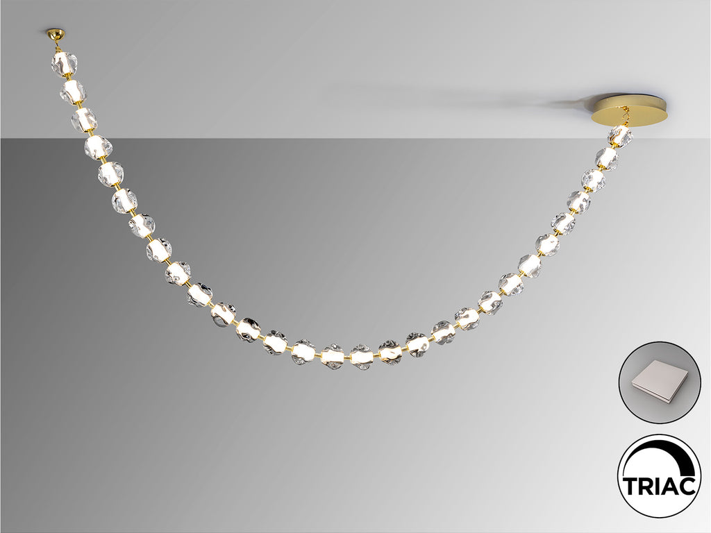 Lámpara Zaria II dorada SCHULLER - Detalle de la lámpara de metal y 29 tulipas de acrílico transparente. Ref. 448925. Iluminación LED 105W, 3000K, 8704 lúmenes. Incluye driver TRIAC y sistema de regulación.
